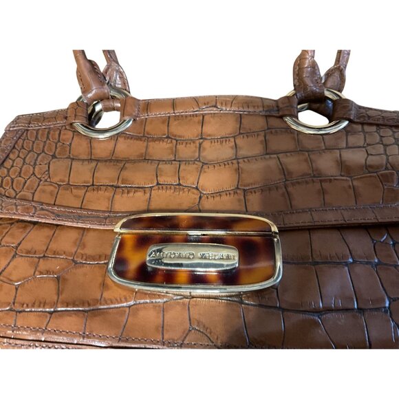 VTG Antonio Melani Purse Satchel Croc Embossed Brown Leather Green Lining 8x13 - Picture 2 of 5